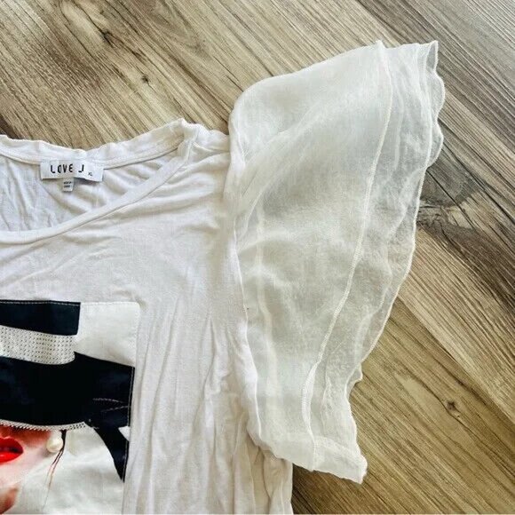 Love J. Women's White Ruffle Sleeve Graphic Blouse Size XL - Picture 4 of 8